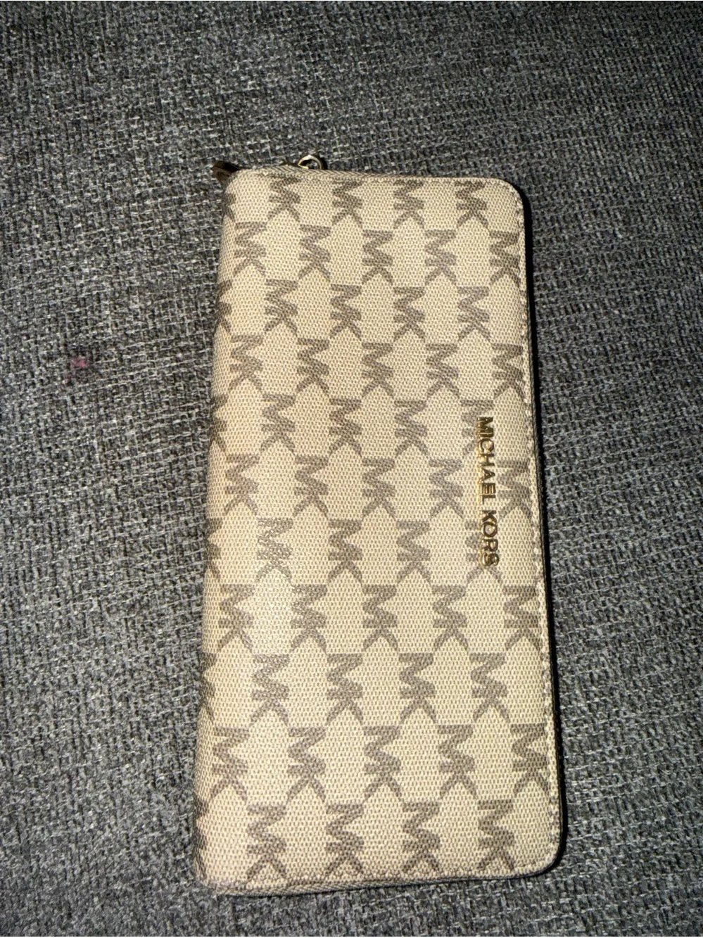 Michael Kors Beige and Taupe MK Logo Zip Wallet